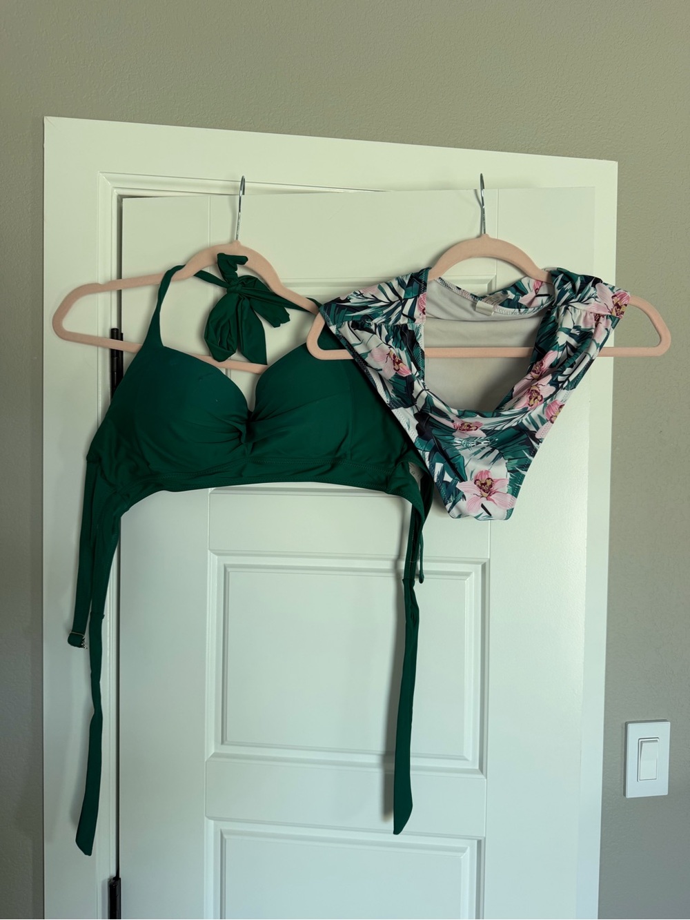Dark Green Bikini Top with Floral High-Waist Bottom